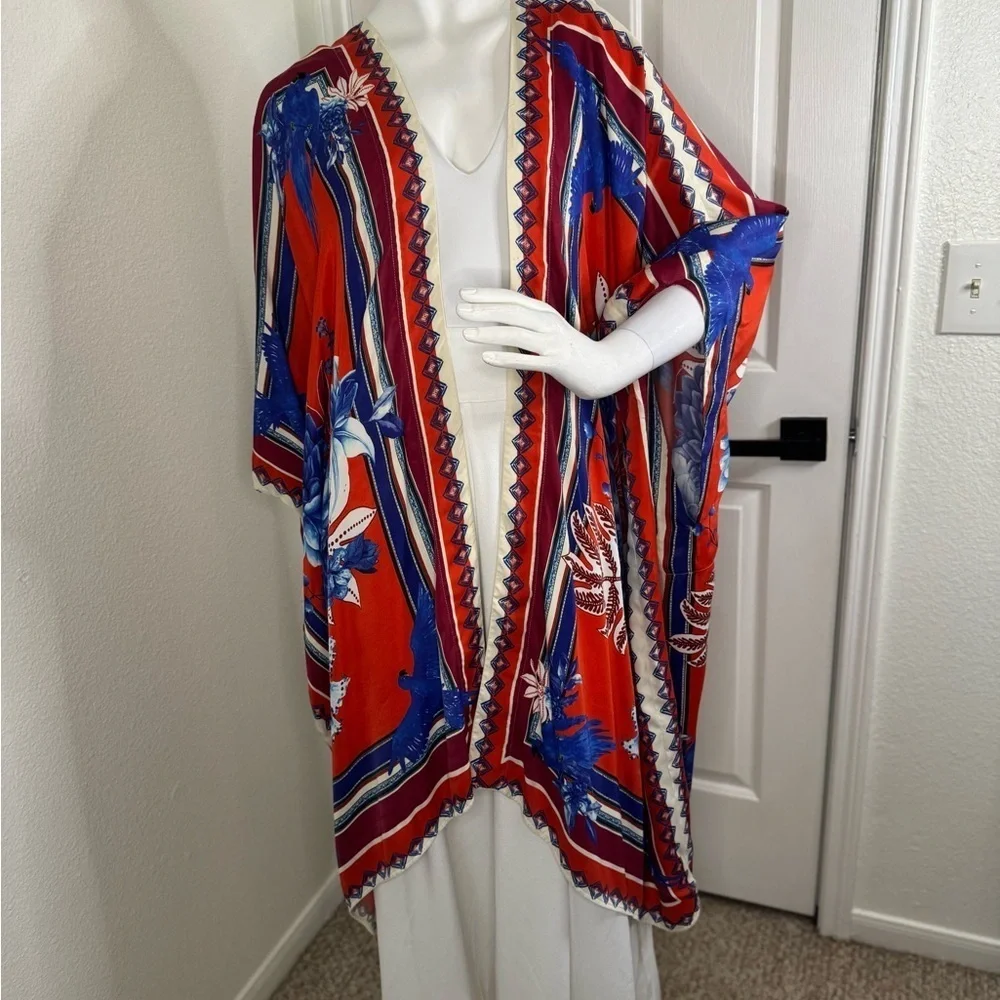 Farm Rio Macaw Red and Blue Geometric  duster  with Flowing Sleeves. - Picture 5 of 14